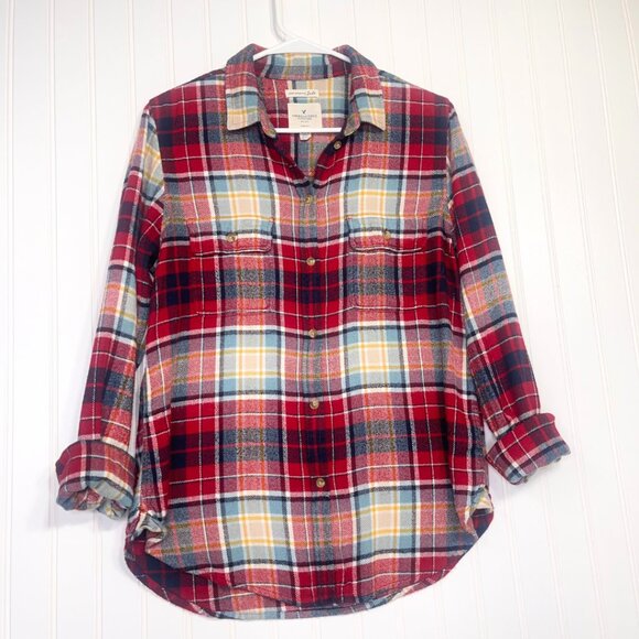 AEO | Flannel Shirt Red Plaid Multi-Color Soft Cotton Long Sleeve Medium - Picture 1 of 13